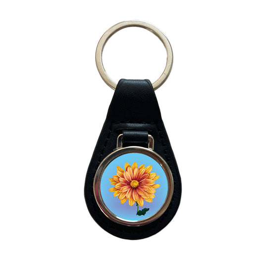 Chrysanthemum Mum Flower Yellow Watercolor Black Leather Metal Keychain