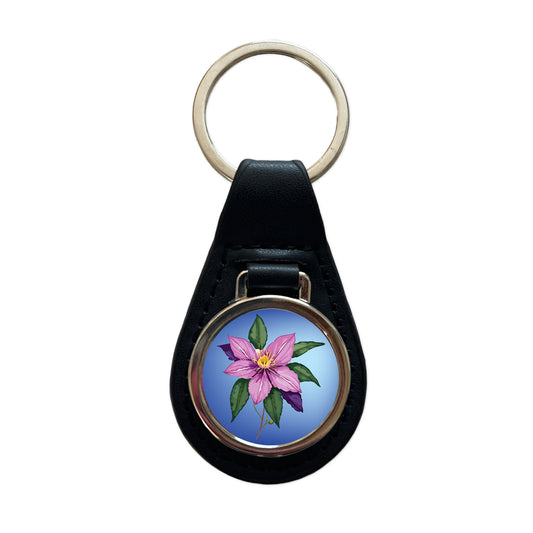 Clematis Flower Purple Watercolor Black Leather Metal Keychain