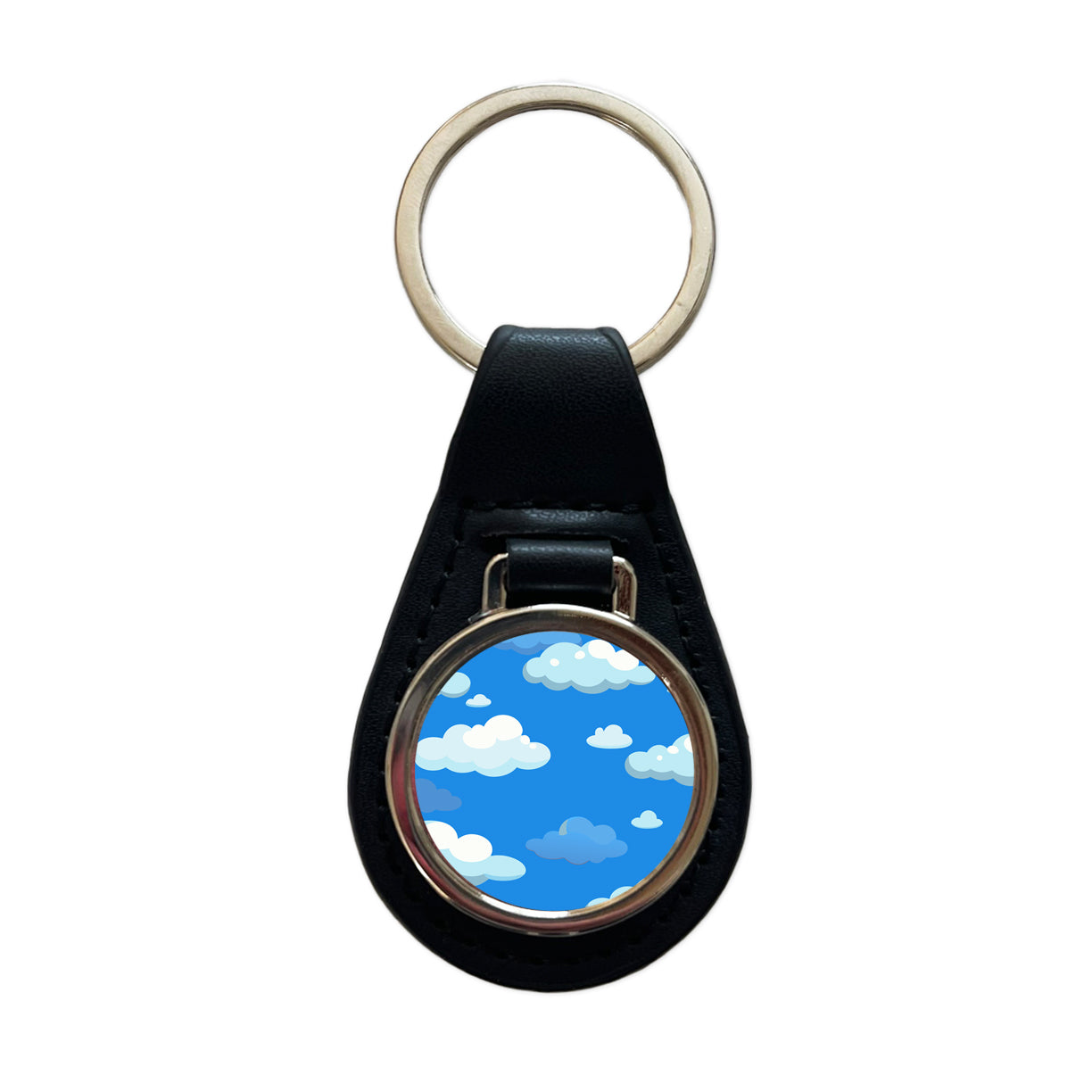 Clouds in the Sky Black Leather Metal Keychain