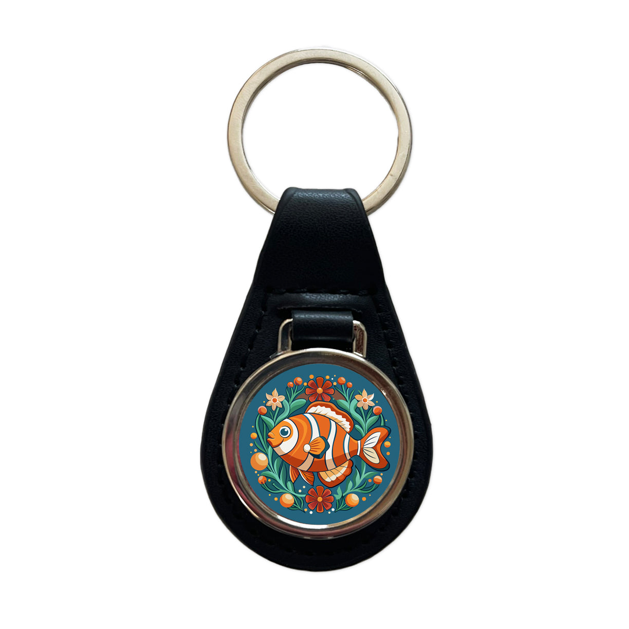 Clownfish Floral Flowers Black Leather Metal Keychain