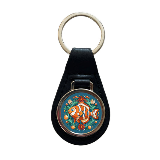 Clownfish Floral Flowers Black Leather Metal Keychain