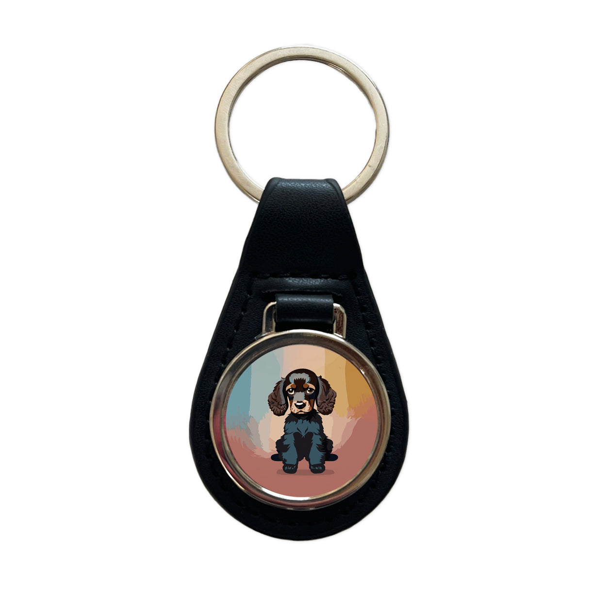 Cocker Spaniel Dark Sitting Black Leather Metal Keychain