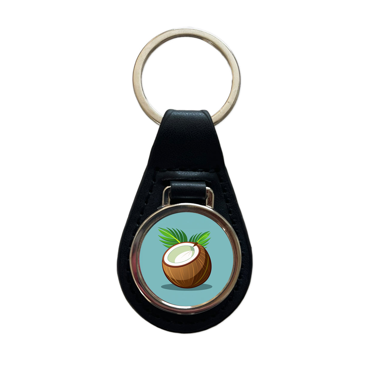 Coconut with Leaves Tropical Fruit Black Leather Metal Keychain