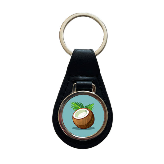 Coconut with Leaves Tropical Fruit Black Leather Metal Keychain