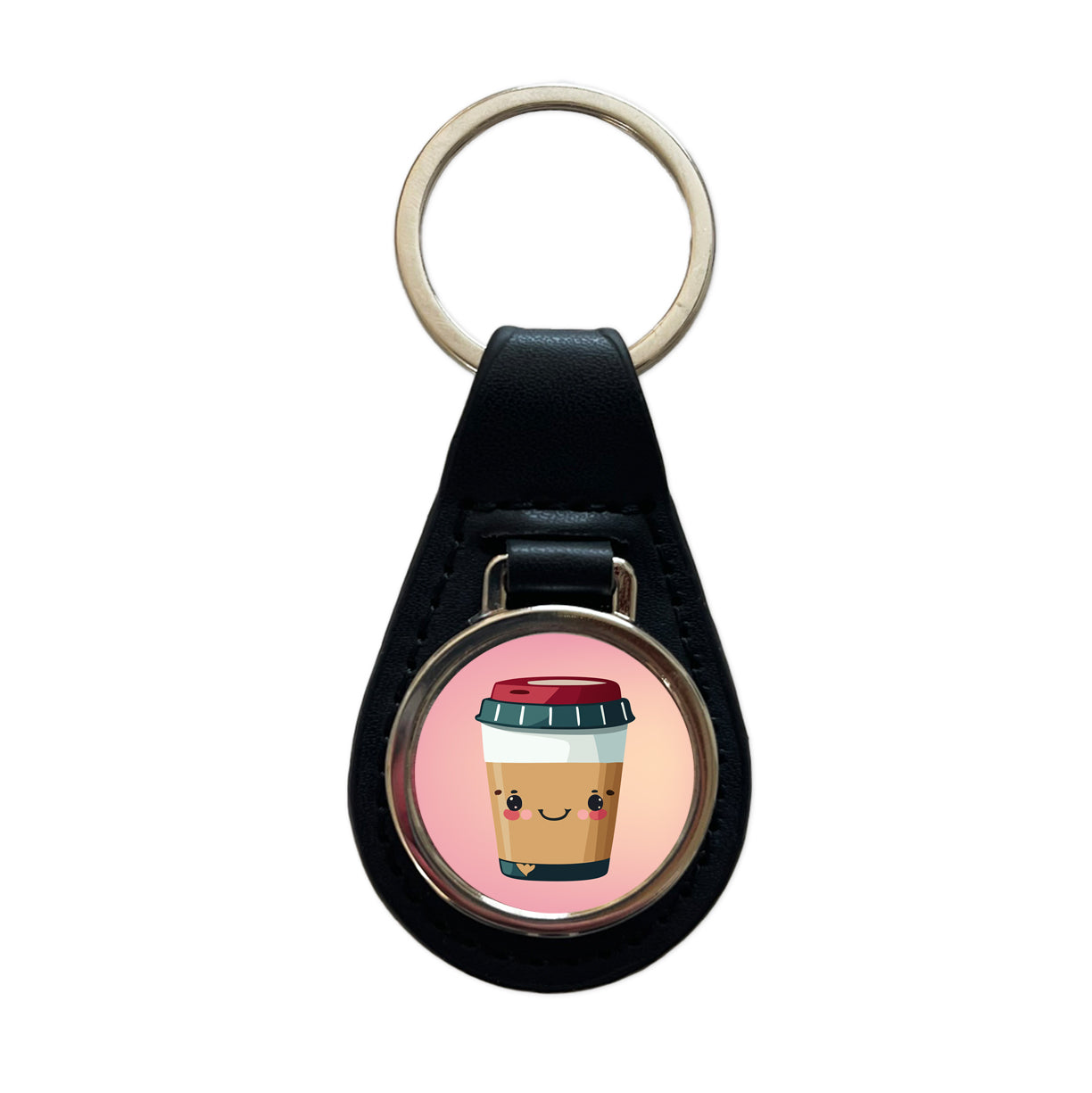 Coffee Travel Mug Smiling Black Leather Metal Keychain