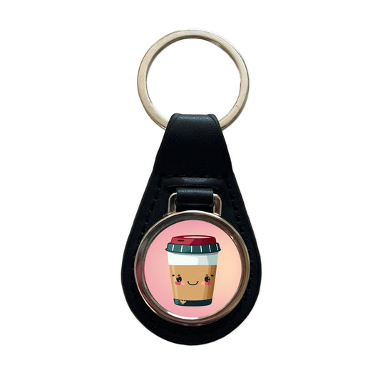 Coffee Travel Mug Smiling Black Leather Metal Keychain