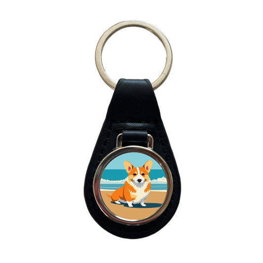 Corgi Dog on the Beach Ocean Black Leather Metal Keychain