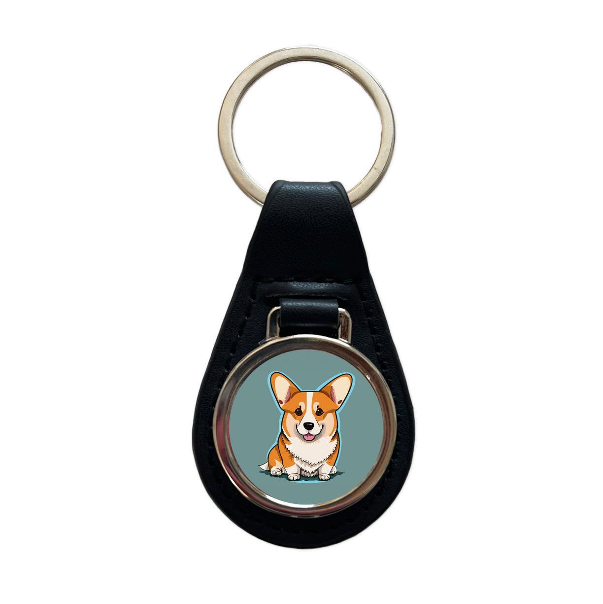 Corgi Dog Sitting Black Leather Metal Keychain