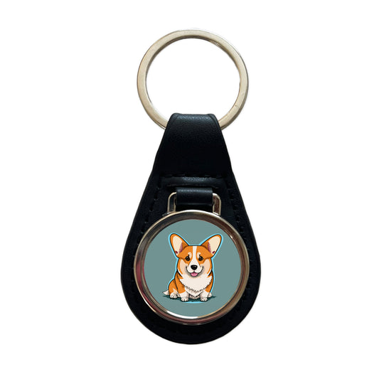 Corgi Dog Sitting Black Leather Metal Keychain