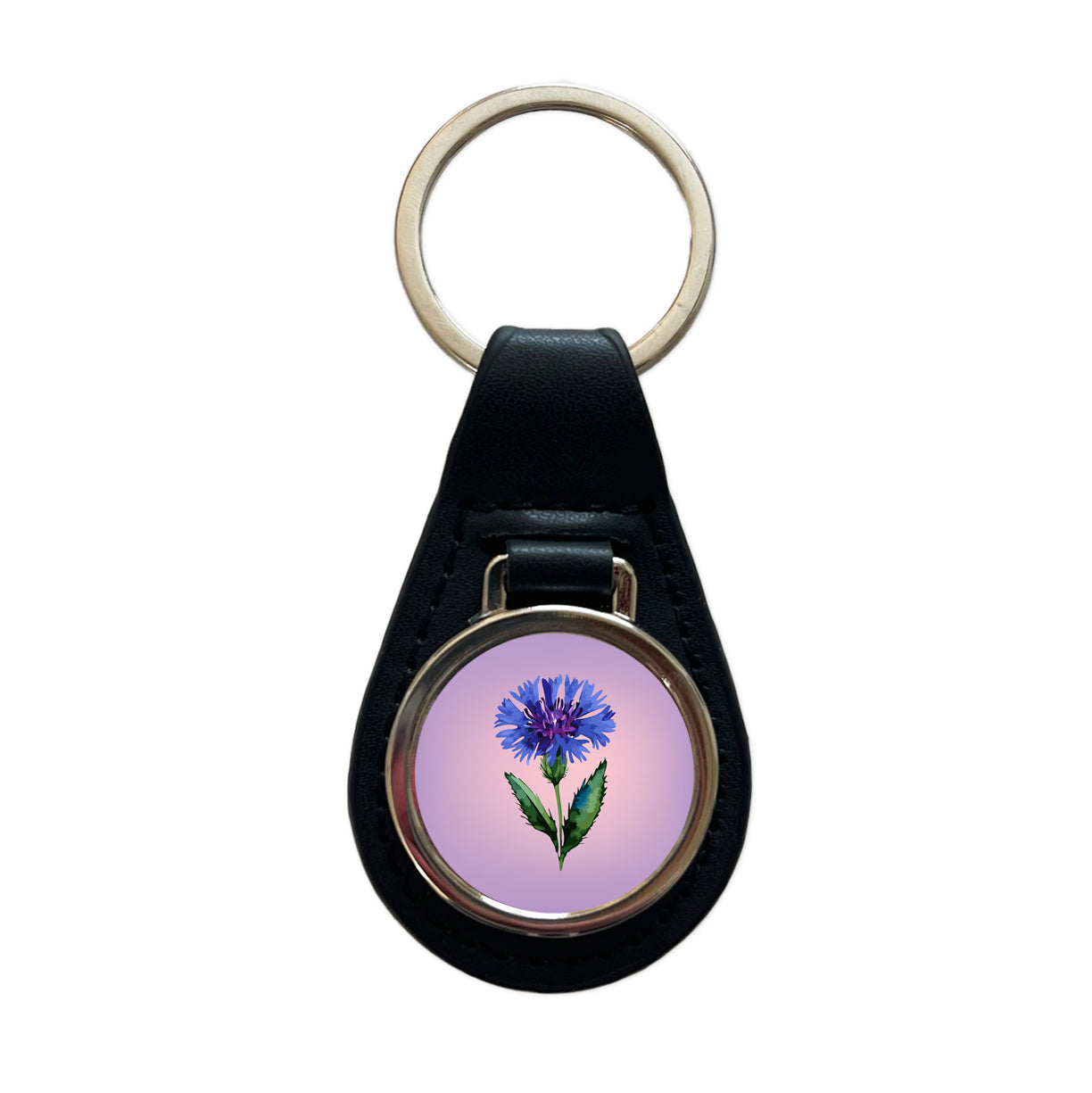 Cornflower Bachelors Buttons Flowers Blue Black Leather Metal Keychain