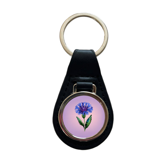 Cornflower Bachelors Buttons Flowers Blue Black Leather Metal Keychain