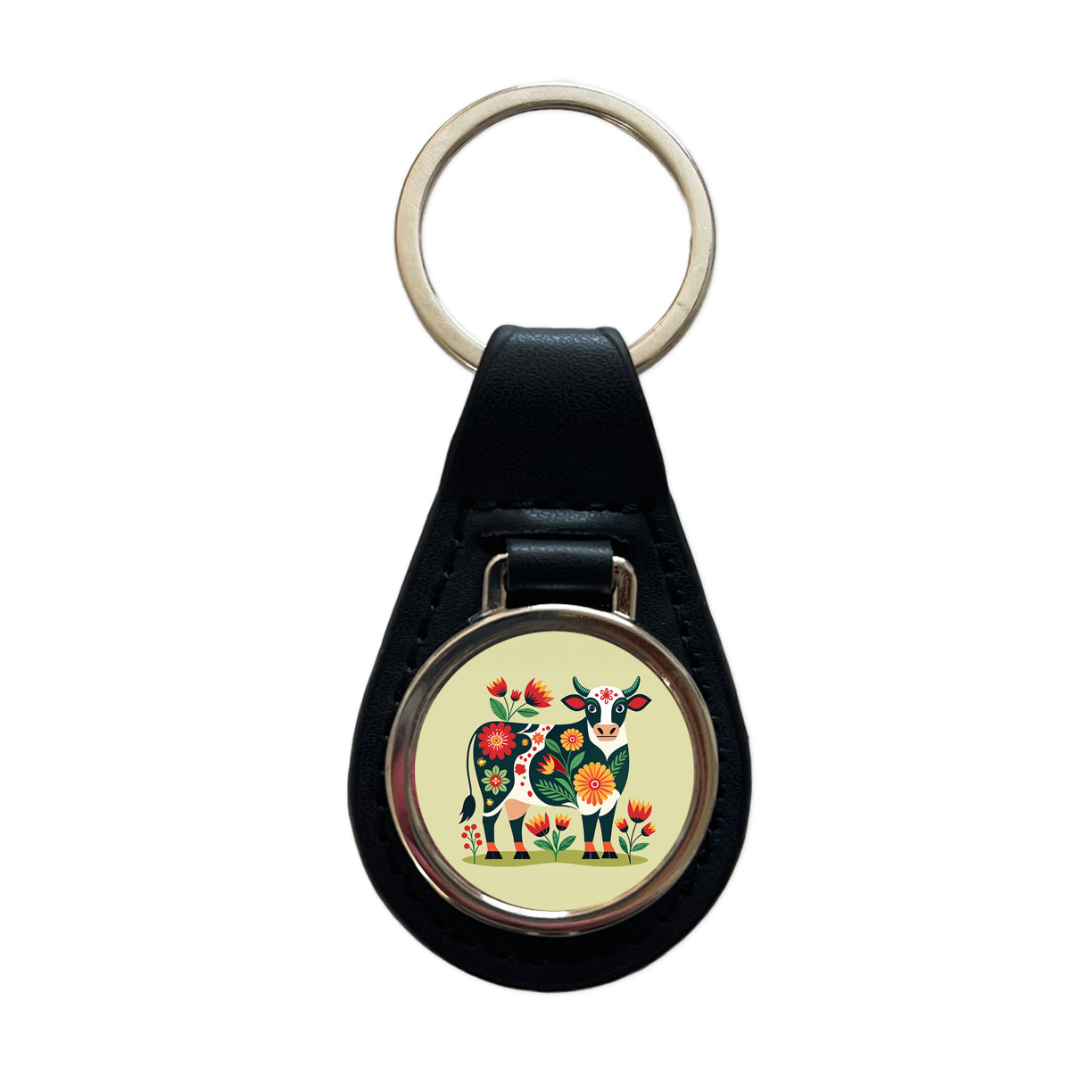 Cow Floral Motif Black Leather Metal Keychain