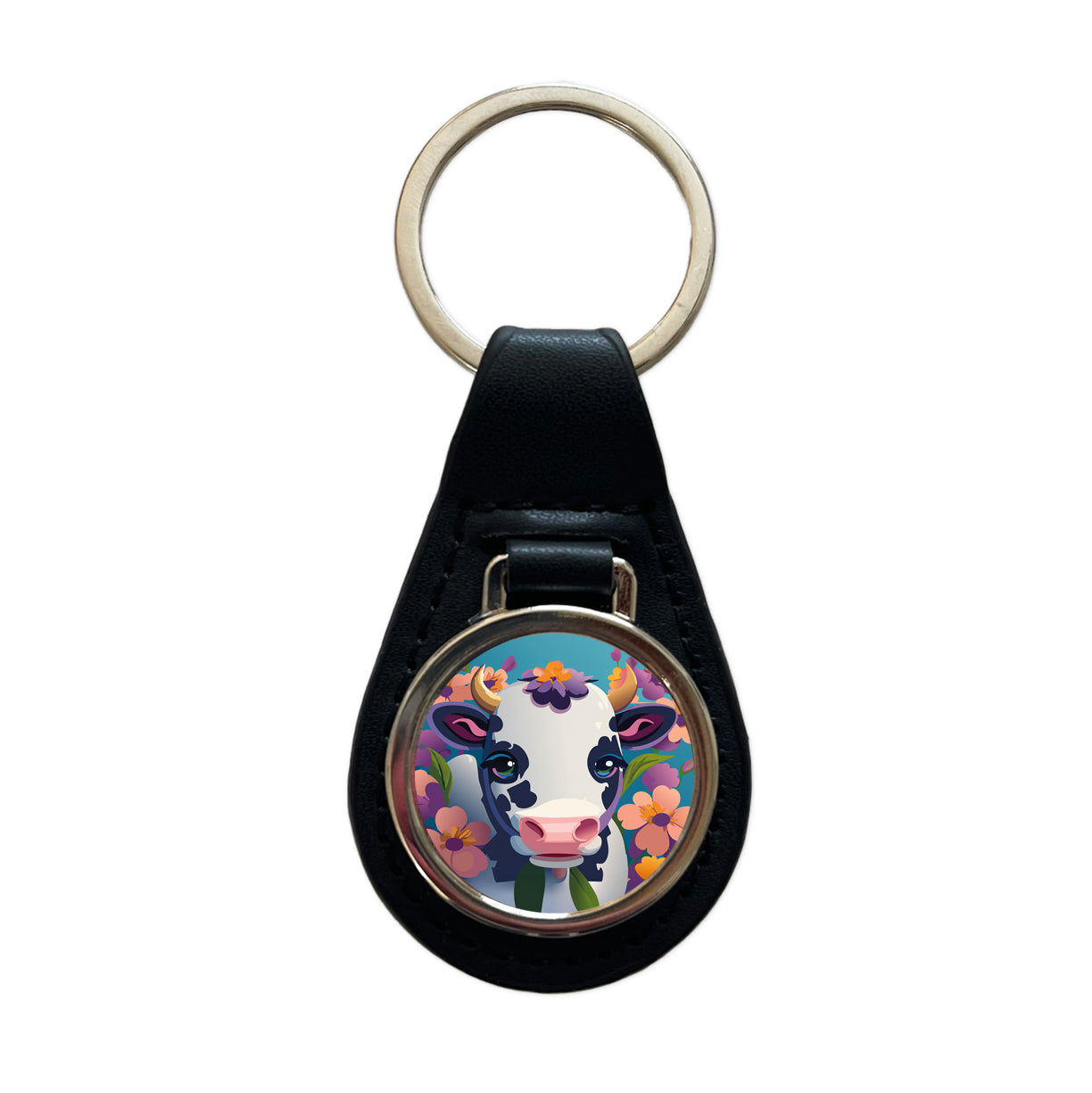 Cow with Flowers Black Leather Metal Keychain