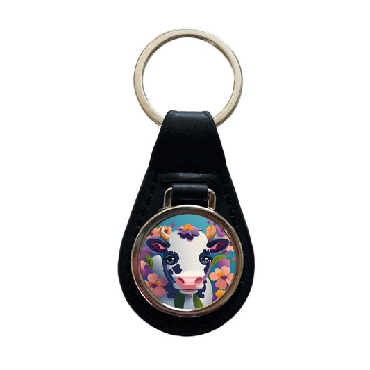 Cow with Flowers Black Leather Metal Keychain
