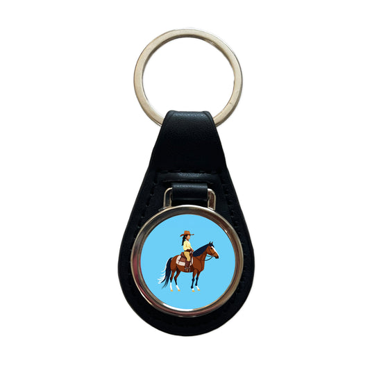 Cowgirl Woman on Horse Black Leather Metal Keychain