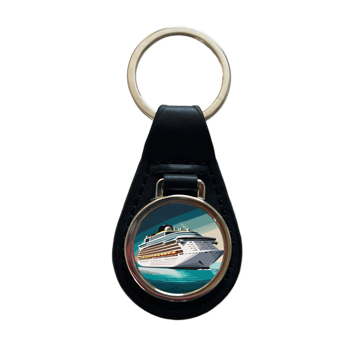 Cruise Ship Cruising Ocean Trip Vacation Bon Voyage Black Leather Metal Keychain