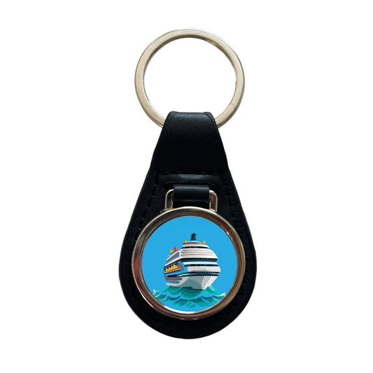 Cruise Ship on Ocean Trip Vacation Bon Voyage Black Leather Metal Keychain