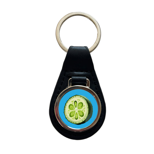 Cucumber Slice Vegetable Black Leather Metal Keychain