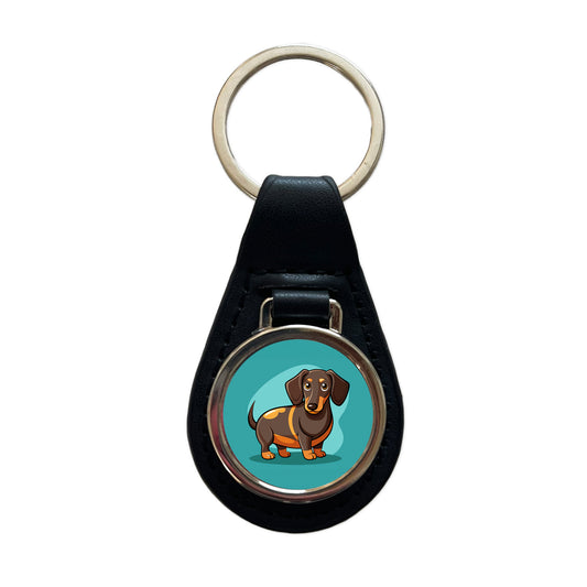 Dachshund Dog Profile Black Leather Metal Keychain
