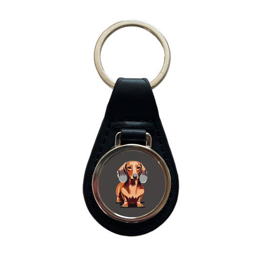 Dachshund Dog Standing Black Leather Metal Keychain