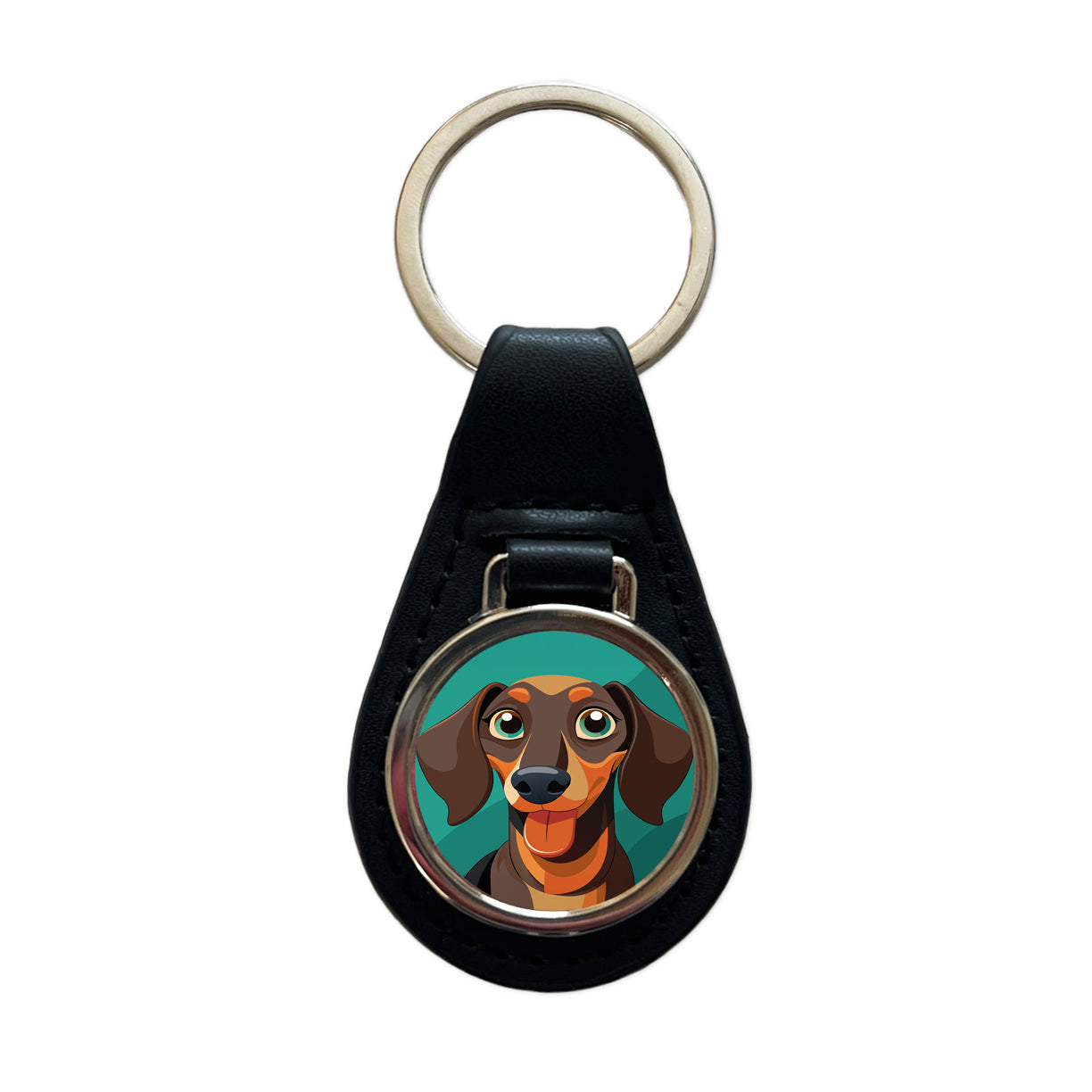 Dachshund Dog Sticking Out Tongue Funny Black Leather Metal Keychain