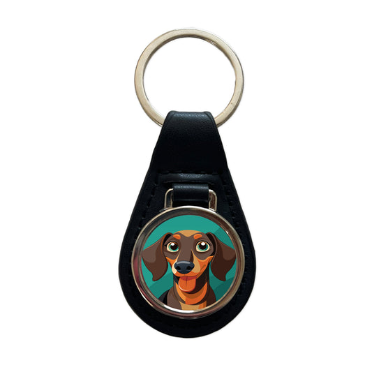 Dachshund Dog Sticking Out Tongue Funny Black Leather Metal Keychain