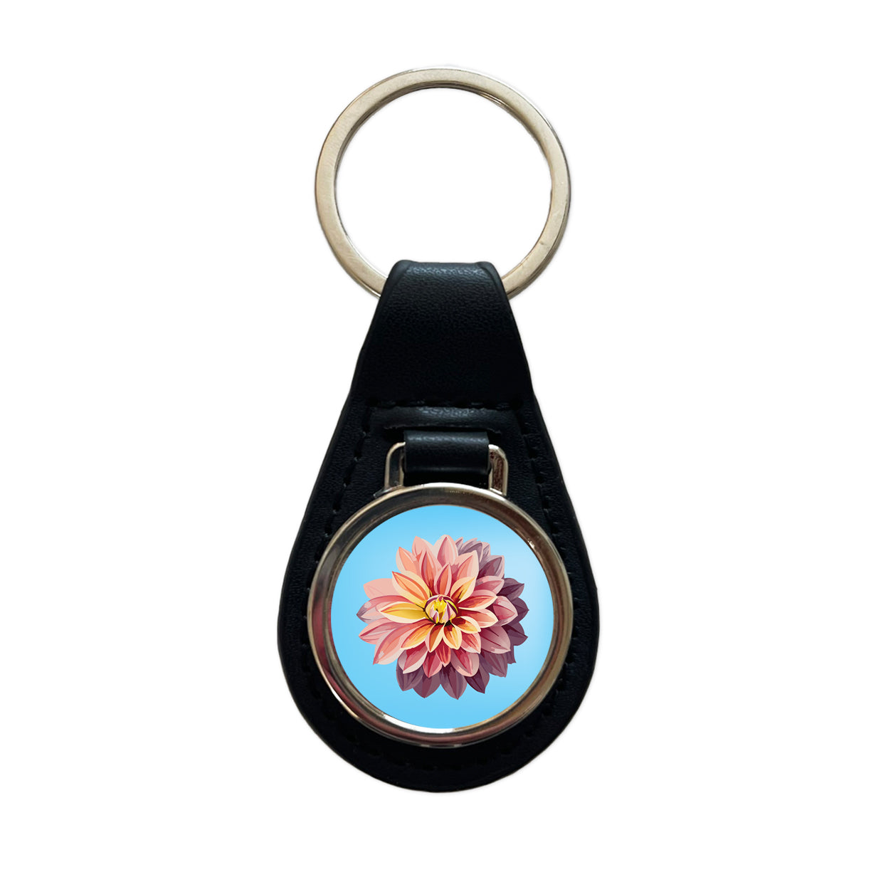 Dahlia Flower Watercolor Black Leather Metal Keychain