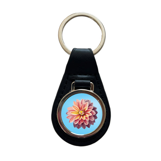 Dahlia Flower Watercolor Black Leather Metal Keychain