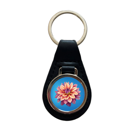 Dahlia Flower Black Leather Metal Keychain