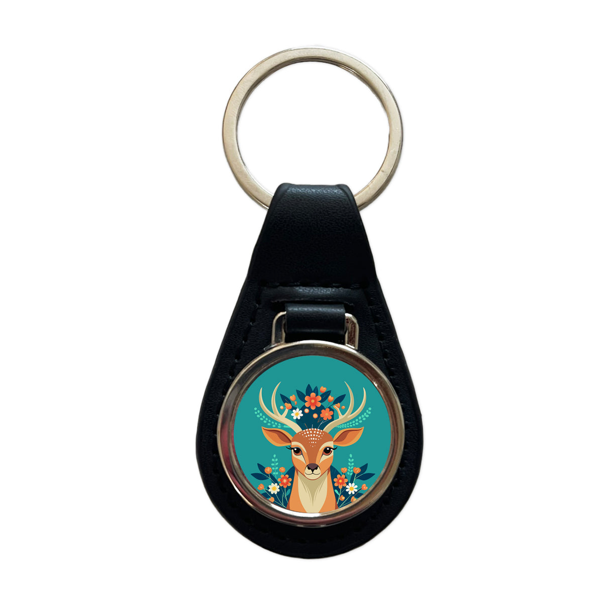 Deer Head Floral Flowers Black Leather Metal Keychain