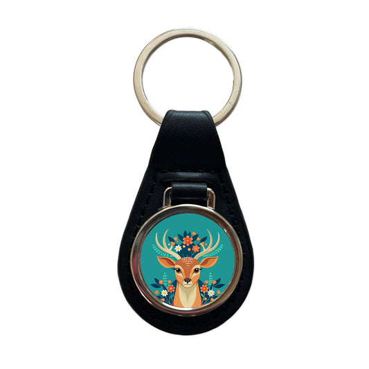 Deer Head Floral Flowers Black Leather Metal Keychain