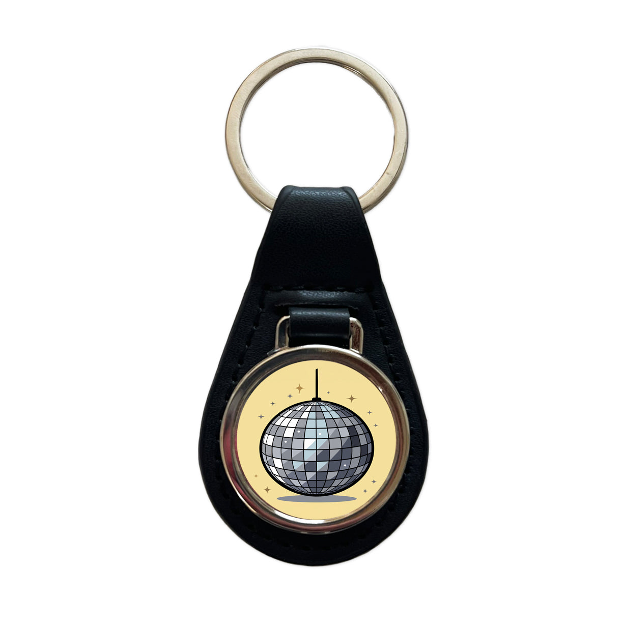 Disco Ball Black Leather Metal Keychain