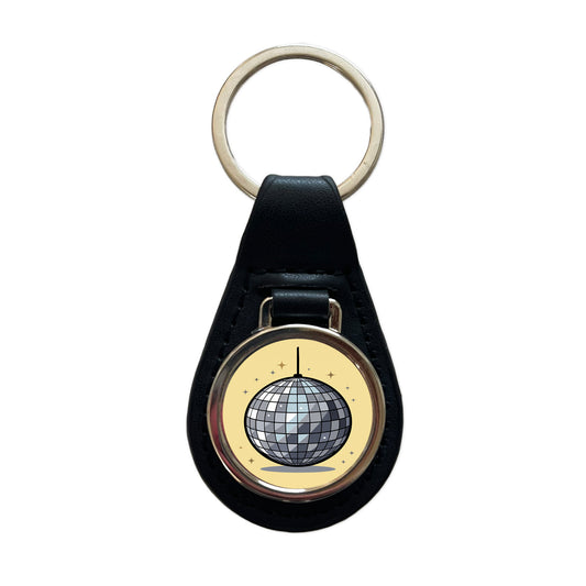 Disco Ball Black Leather Metal Keychain