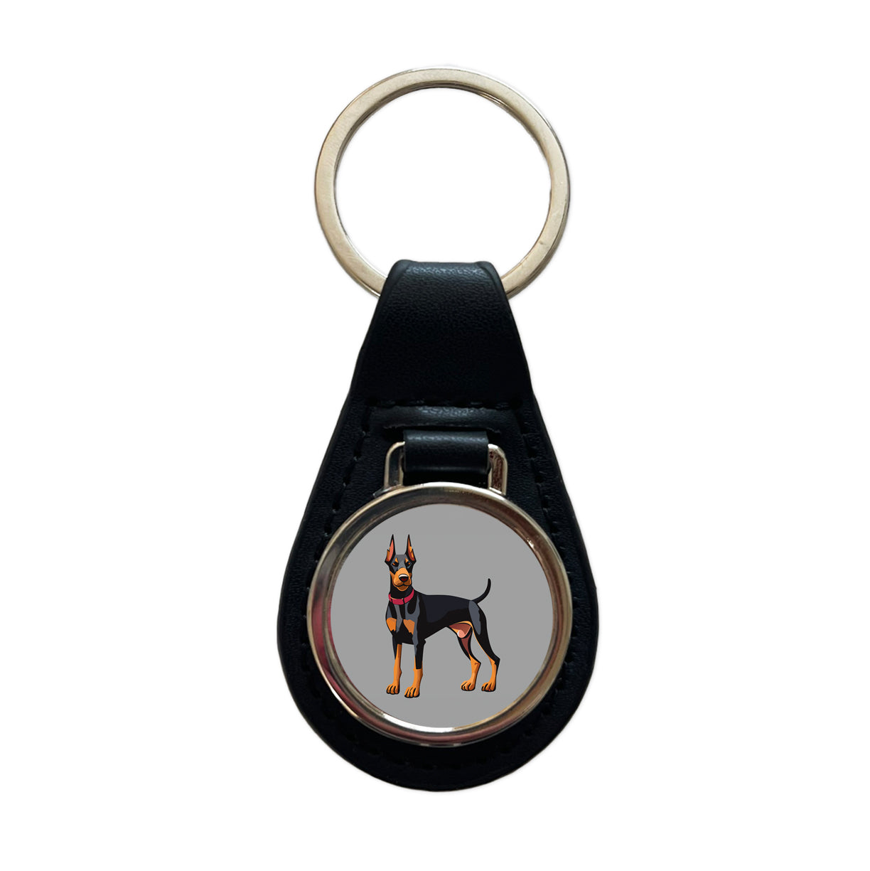 Doberman Dog Standing Black Leather Metal Keychain