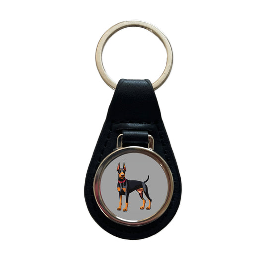 Doberman Dog Standing Black Leather Metal Keychain