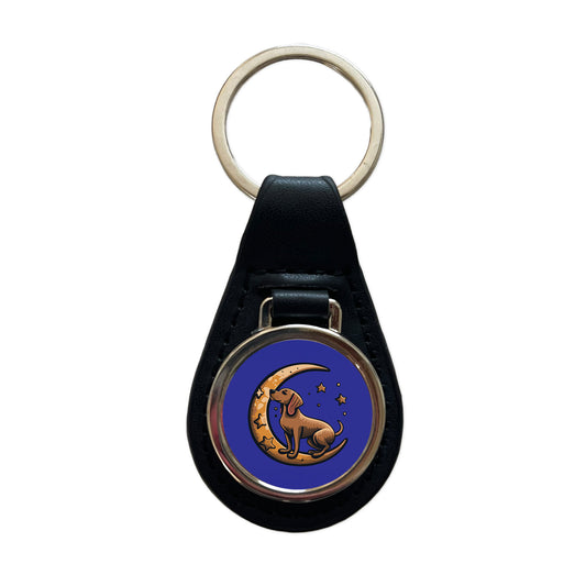 Dog on Crescent Moon Stars Cute Black Leather Metal Keychain