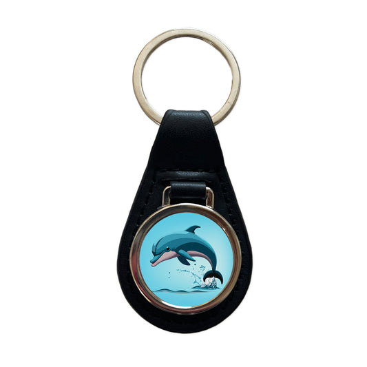 Dolphin Jumping Out of Water Black Leather Metal Keychain