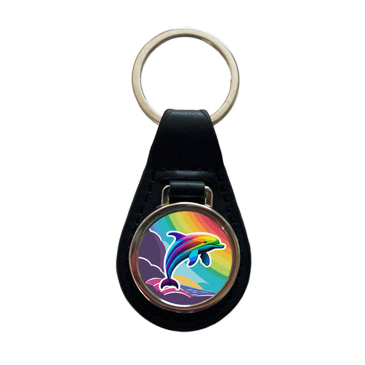 Dolphin Rainbow Cute Black Leather Metal Keychain