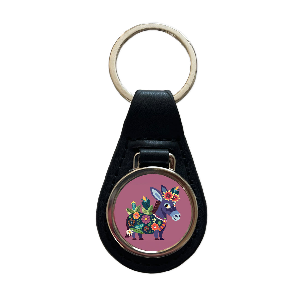 Donkey Floral Flowers Black Leather Metal Keychain