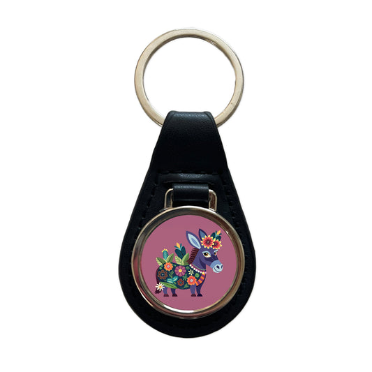 Donkey Floral Flowers Black Leather Metal Keychain