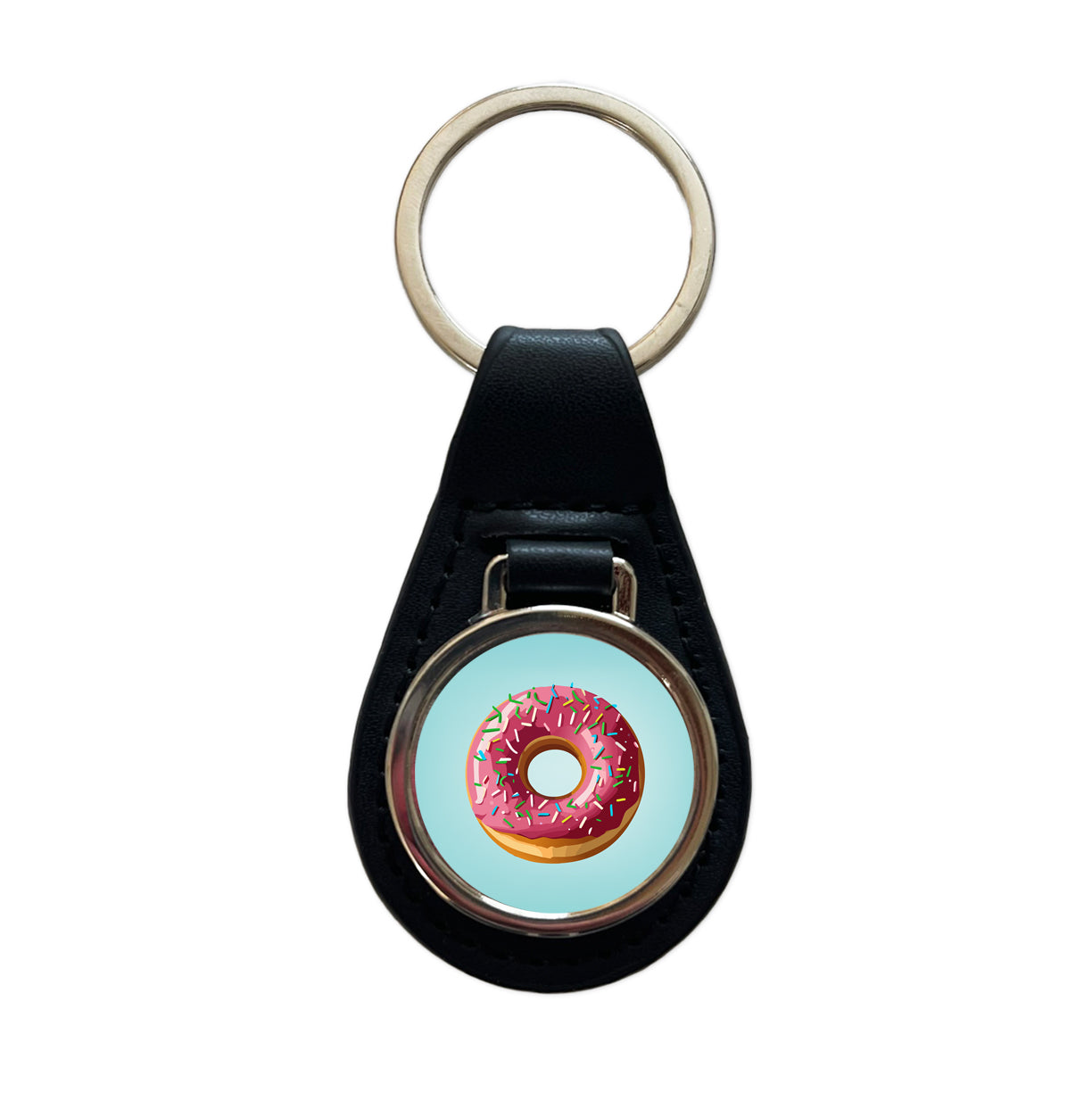 Donut Pink Sprinkles Black Leather Metal Keychain