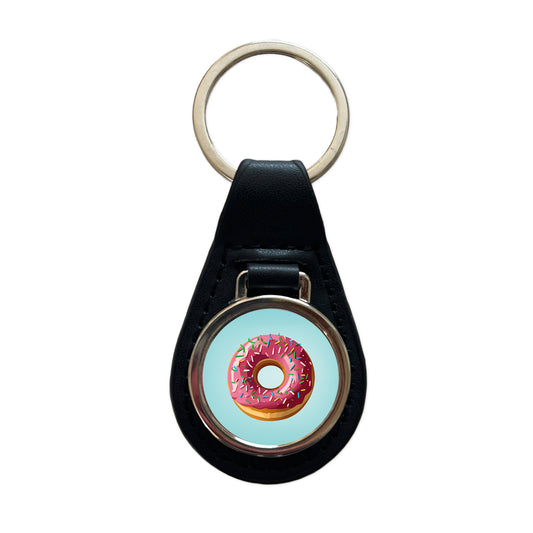 Donut Pink Sprinkles Black Leather Metal Keychain