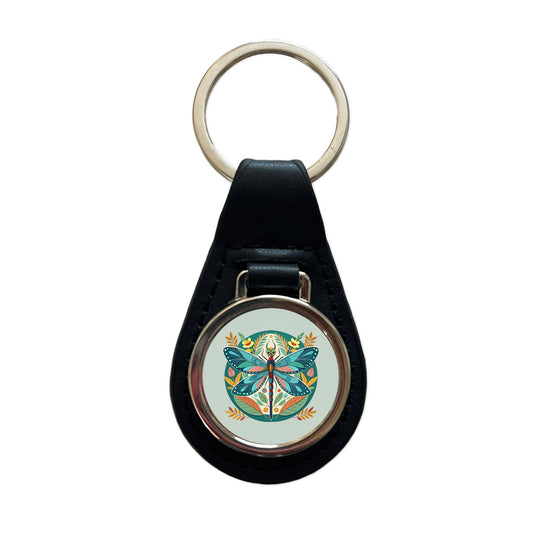 Dragonfly Floral Flowers Black Leather Metal Keychain