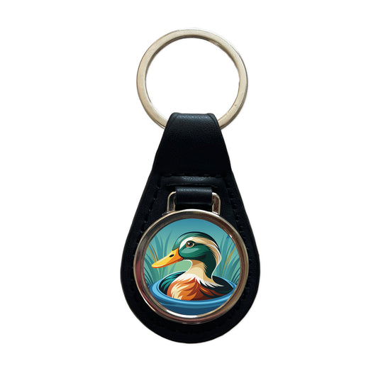 Duck in Water Elegant Black Leather Metal Keychain