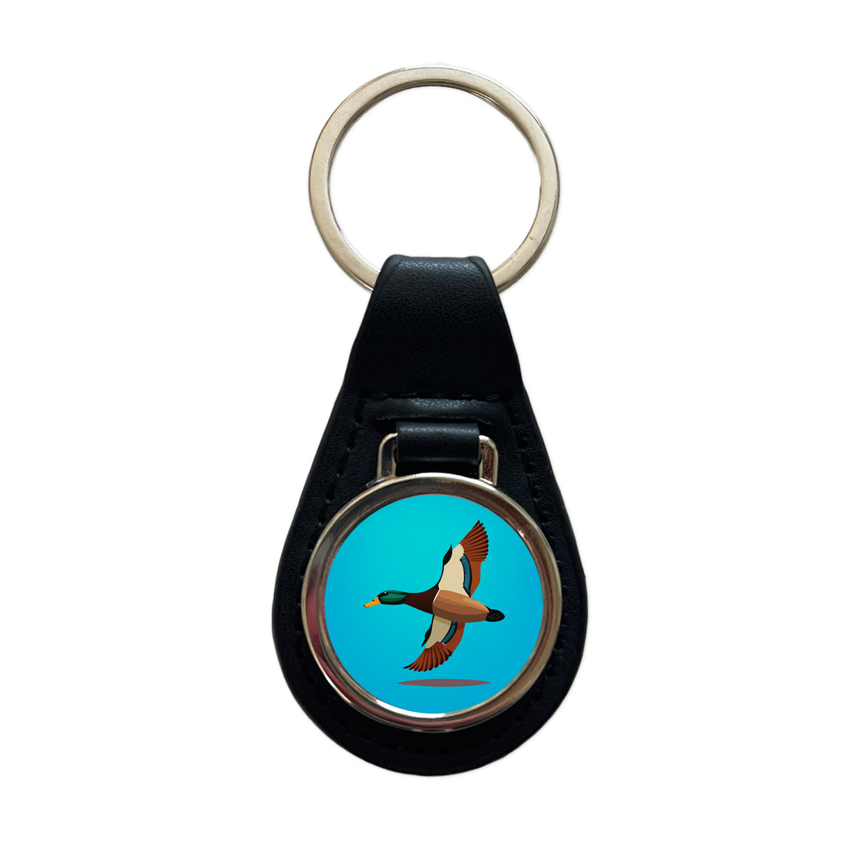Duck Mallard Flying Hunting Black Leather Metal Keychain