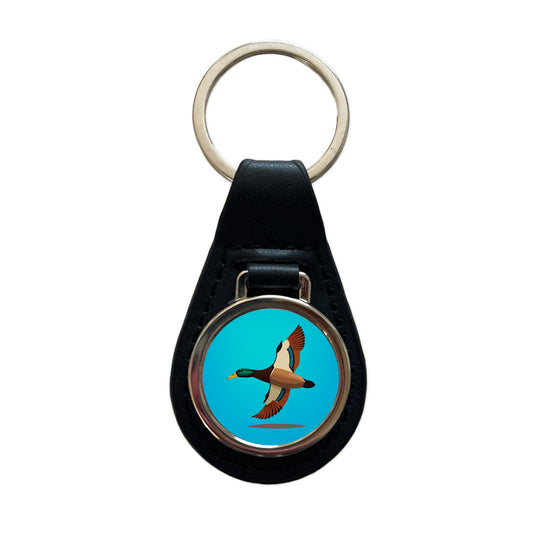 Duck Mallard Flying Hunting Black Leather Metal Keychain
