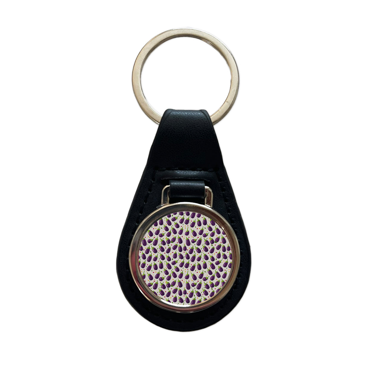 Eggplants Egg Plants Vegetables Scattered Pattern Black Leather Metal Keychain