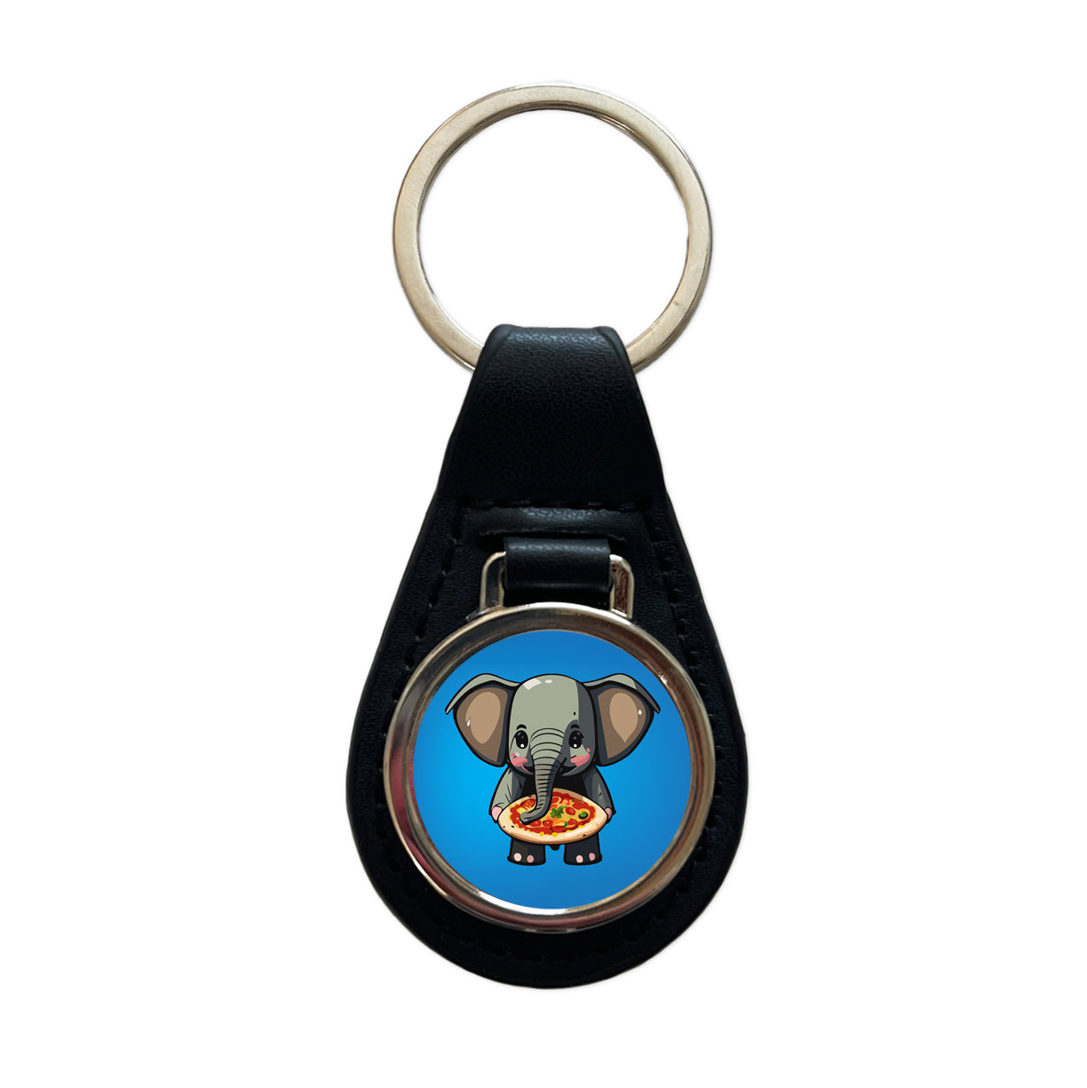 Elephant Eating Pizza Funny Black Leather Metal Keychain