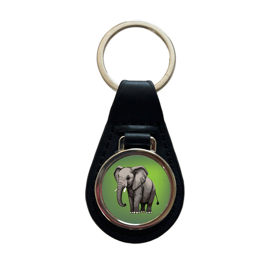 Elephant with Tusks Majestic Black Leather Metal Keychain