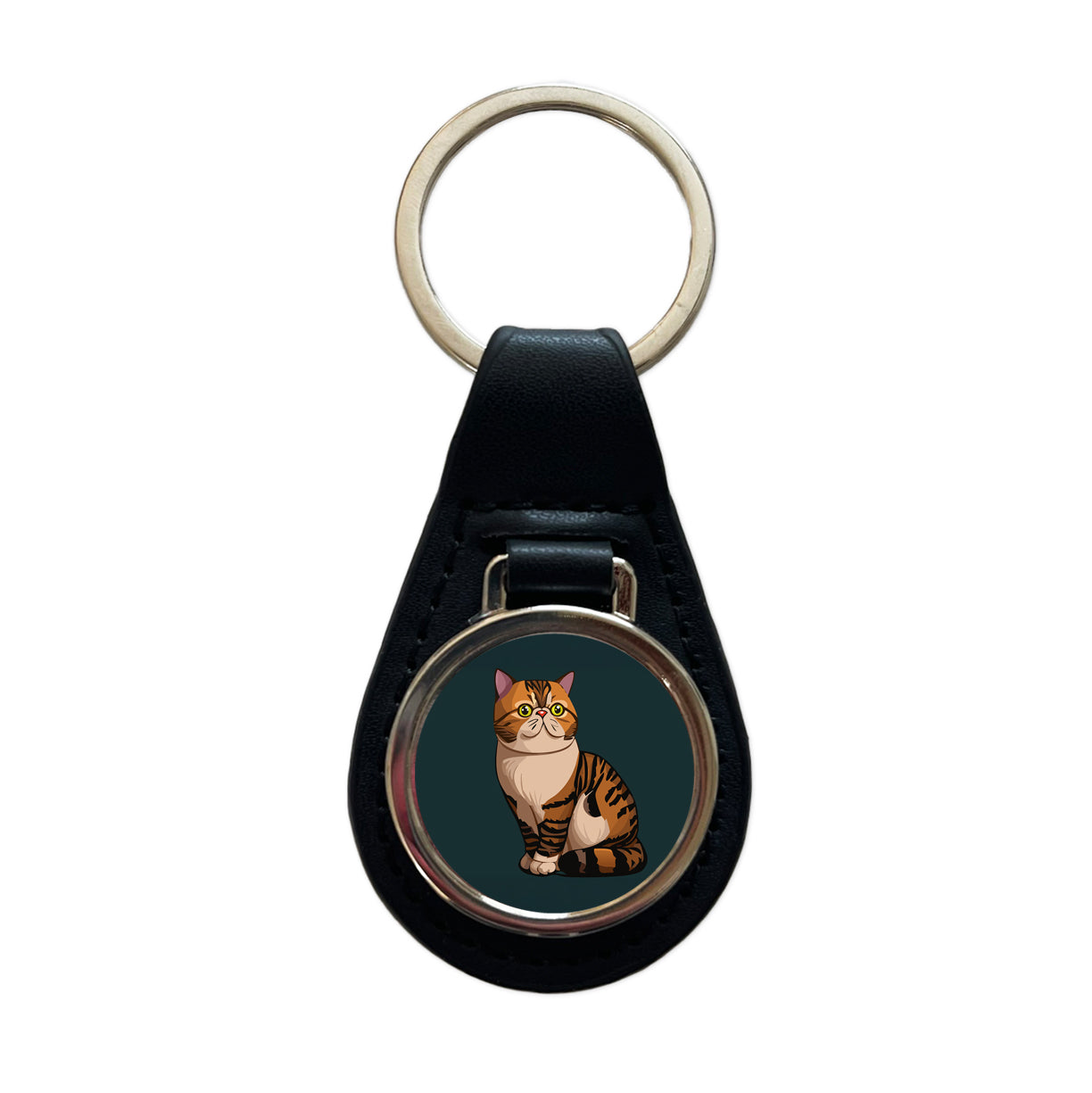 Exotic Shorthair Cat Sitting Black Leather Metal Keychain